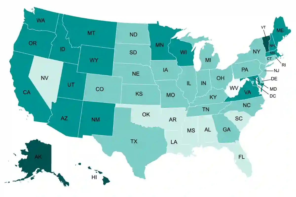 Map of the US color coded according to breastfeeding rates