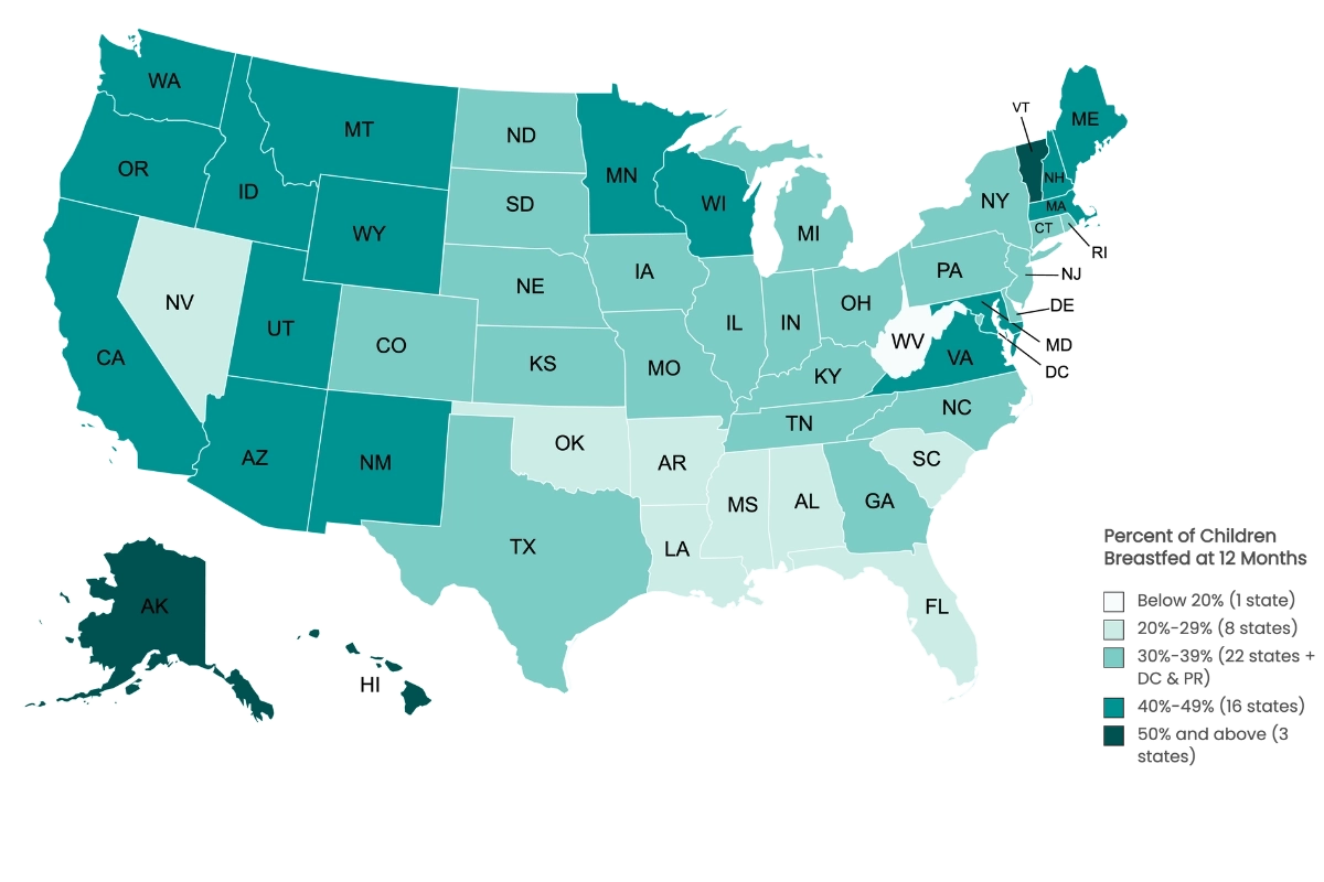 Map of the US color coded according to breastfeeding rates for children at 12 months of age.